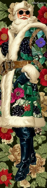 Free printable Christmas bookmarks of Santa wearing a green floral jacket